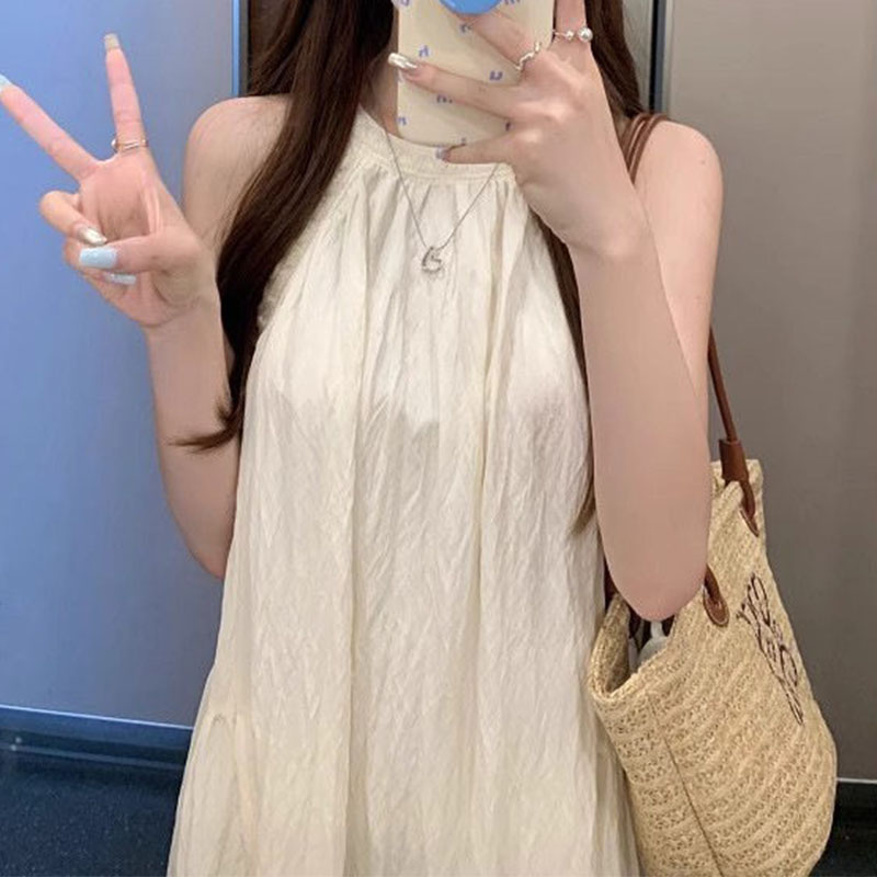 夏季甜美挂脖碎花高腰A字连衣裙