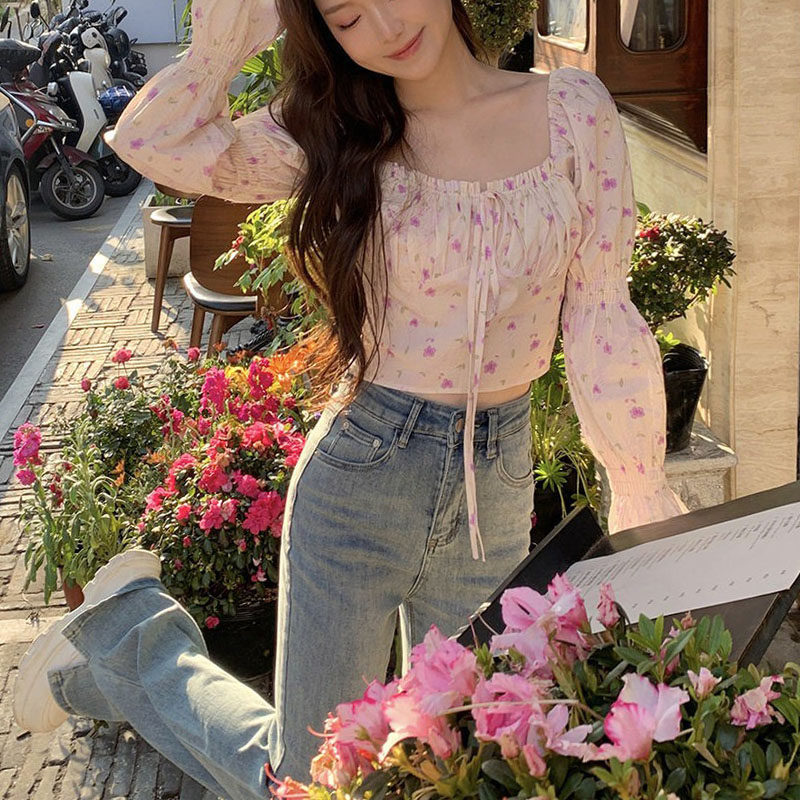 春夏法式韩版方领碎花修身衬衫女