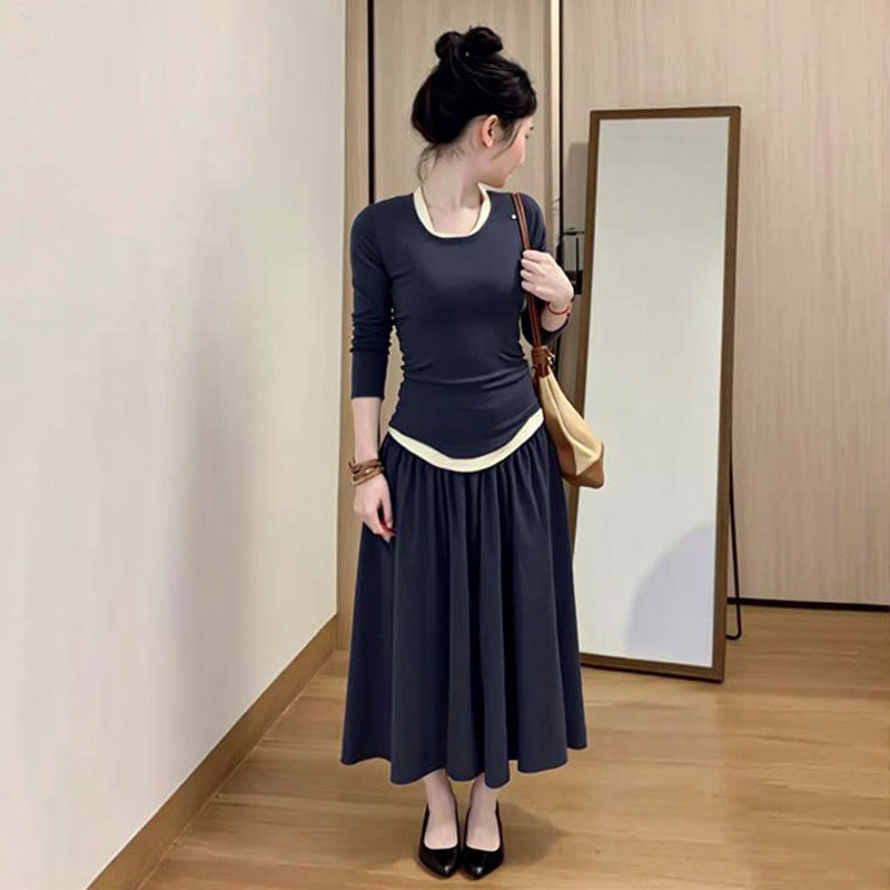 韩系黑色收腰修身上衣女2025秋冬新款法式气质时尚半身裙长裙套装