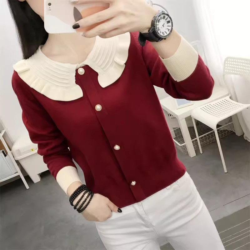 时尚撞色显瘦开衫秋冬娃娃毛针织