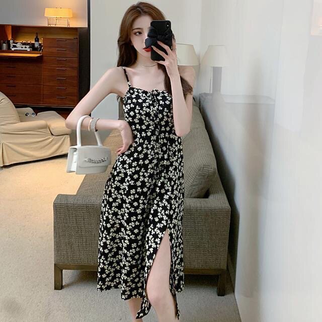 夏季法式黑色碎花显瘦吊带长裙女