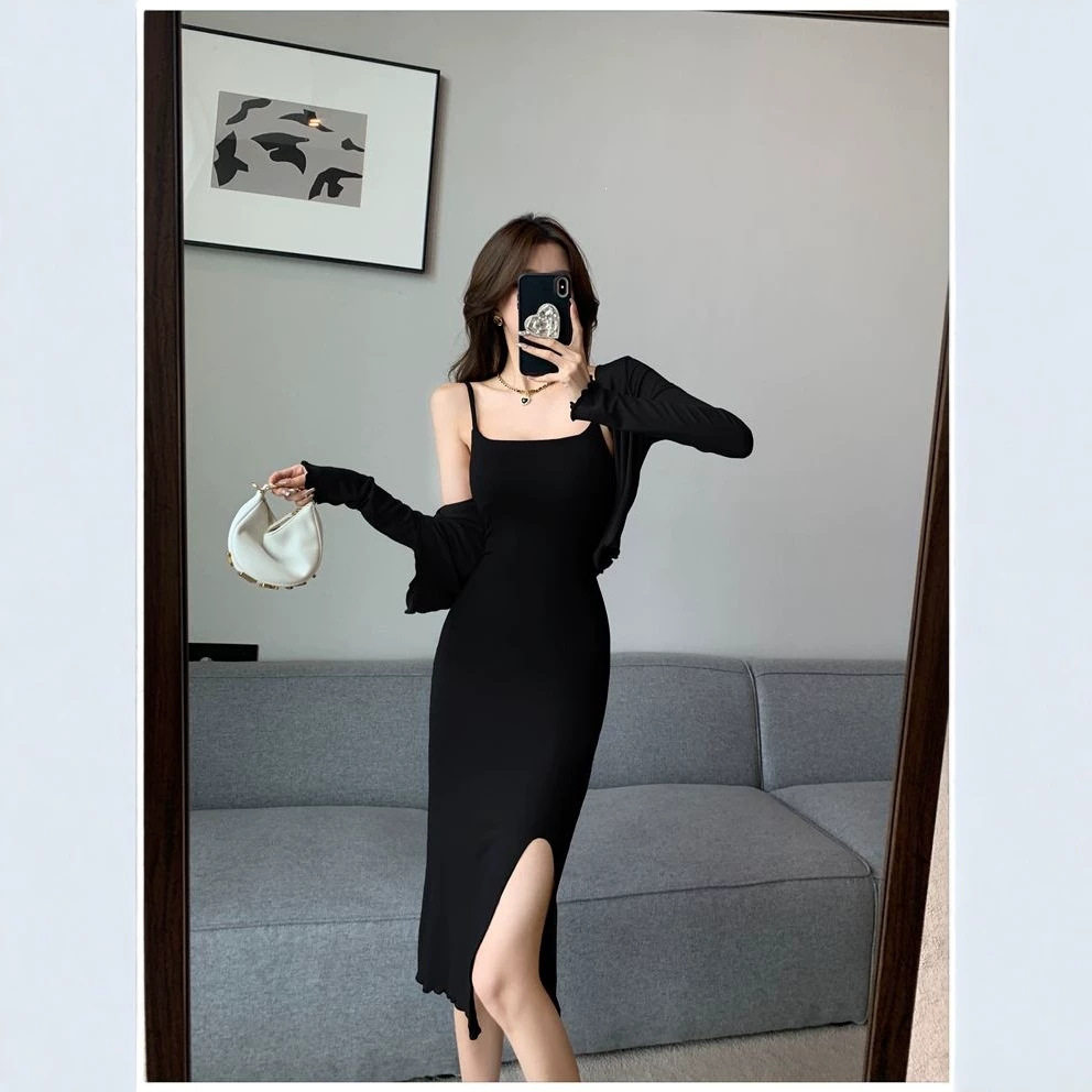 纯欲辣妹开叉吊带包臀裙女两件套