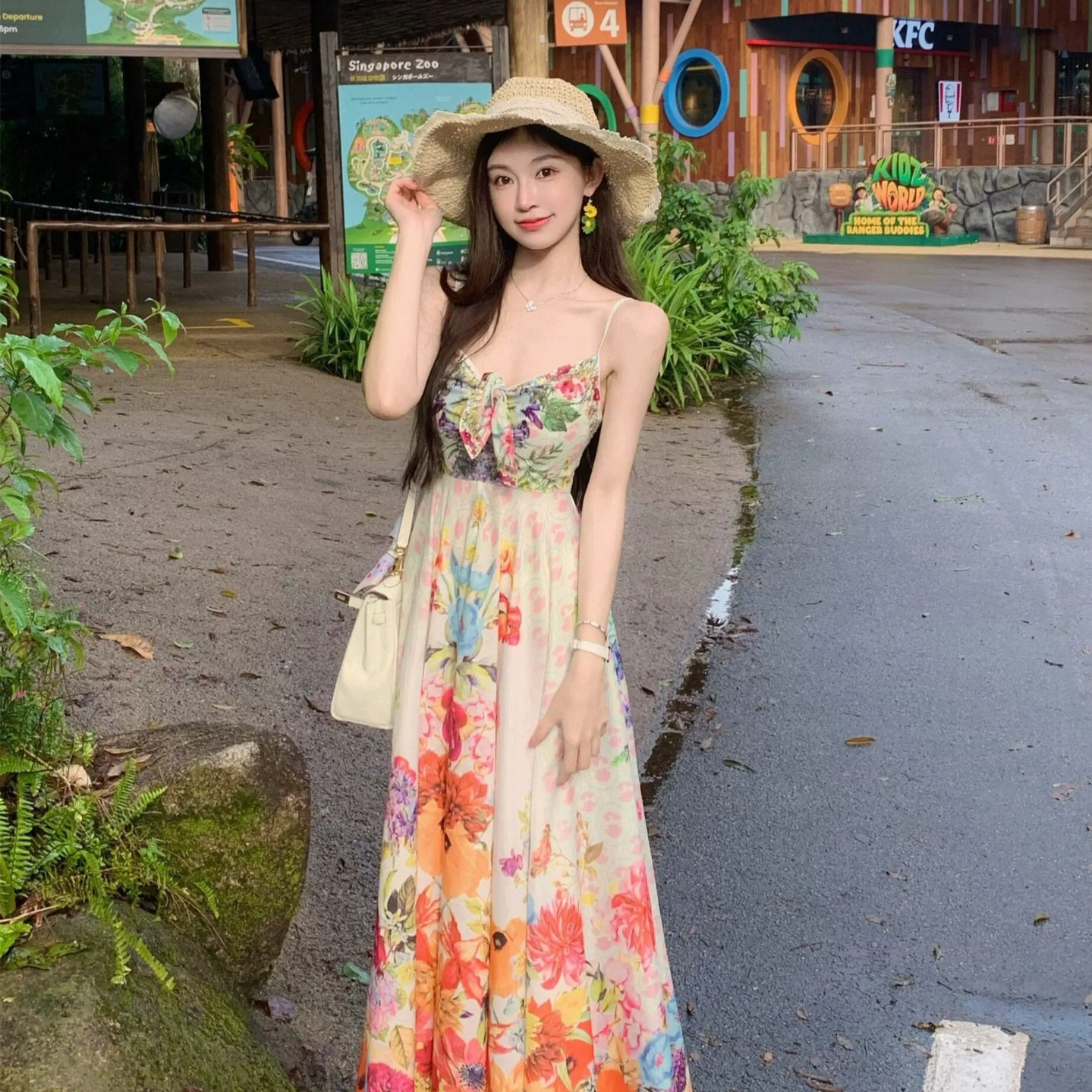 夏季法式纯欲碎花高腰吊带连衣裙
