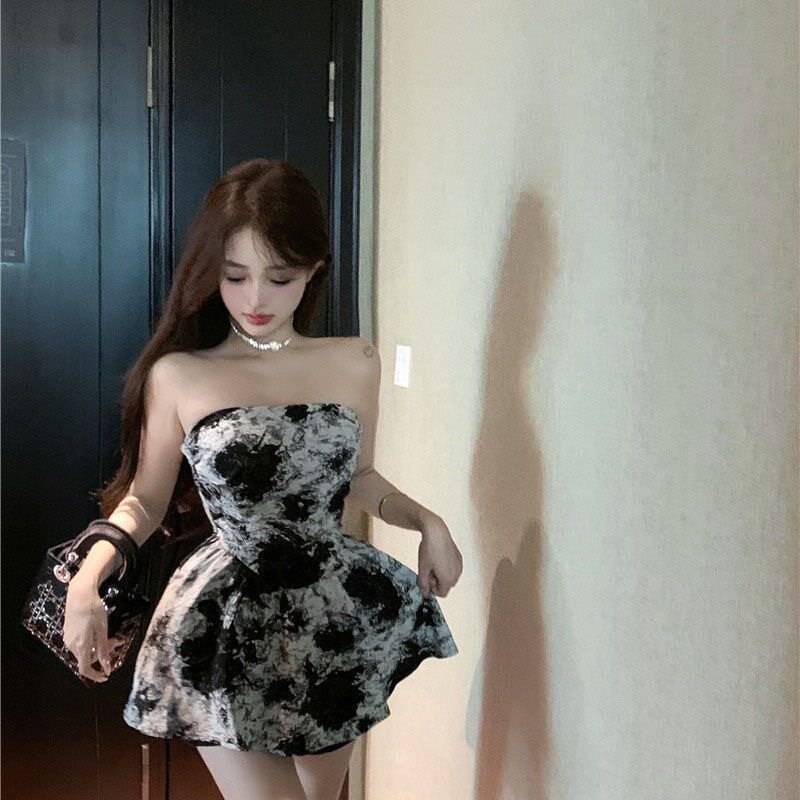 水墨画扎染印花抹胸上衣女夏季设计感辣妹小众无袖修身无肩带短裙