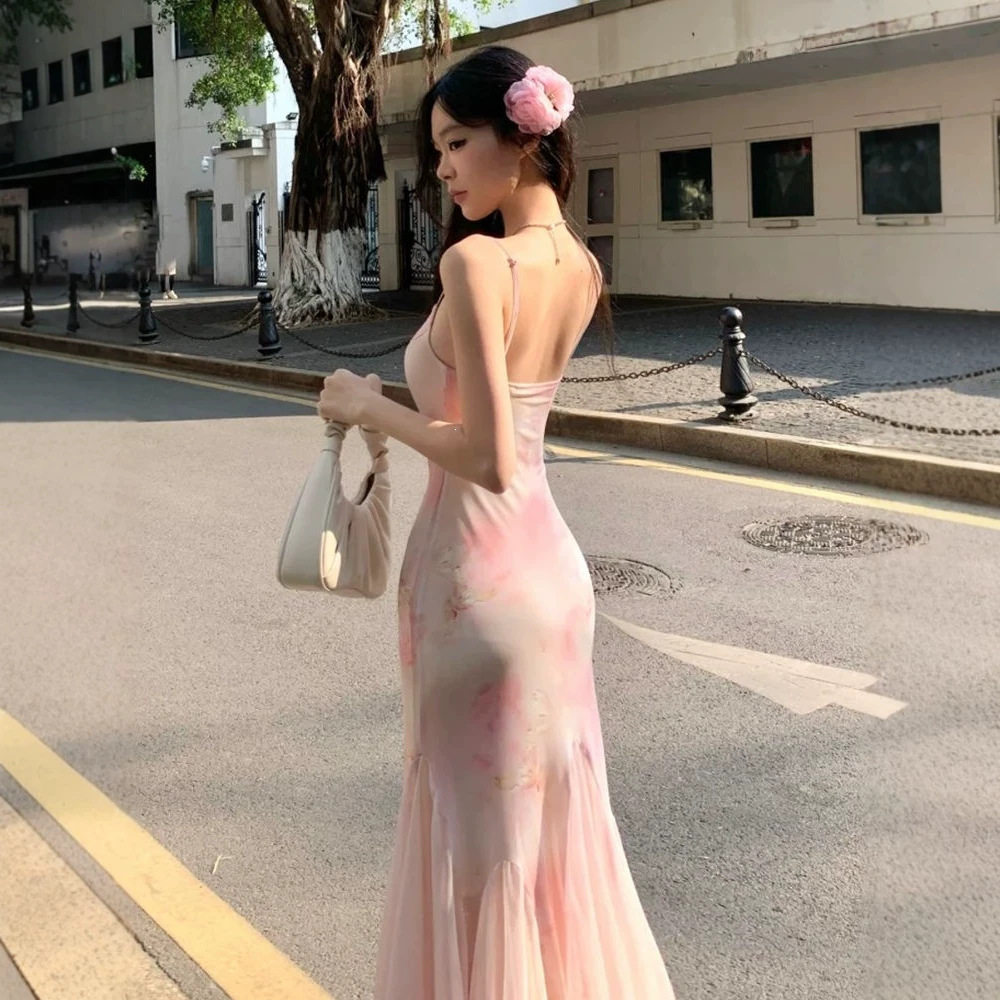 夏季渲染超仙粉色碎花鱼尾连衣裙