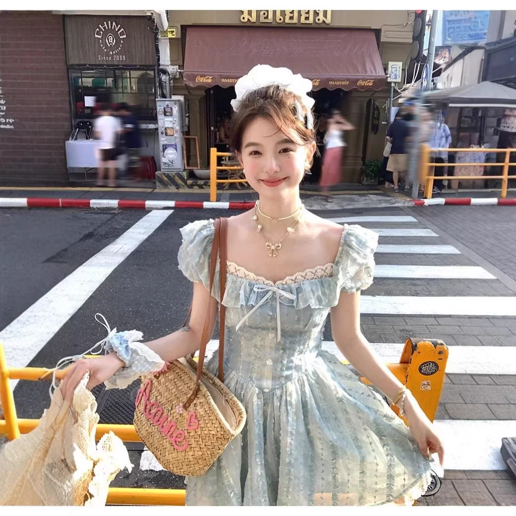 夏季法式甜美蕾丝收腰显瘦连衣裙