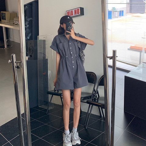 美式复古工装收腰抽绳连体短裤女