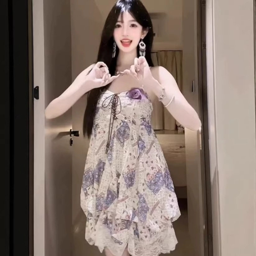 法式纯欲碎旅游花吊带花苞连衣裙