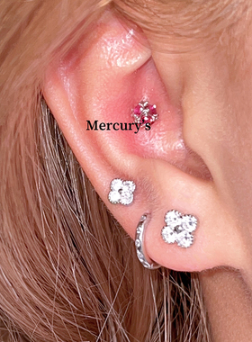 Mercurys镶钻四叶草耳骨钉通体s925银拧螺丝耳窝钉养耳洞幸运耳钉