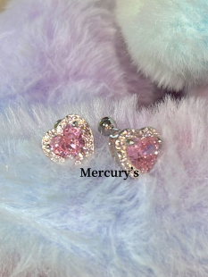 日常百搭bi入款 Mercurys 粉色爱心满钻耳窝钉s925银甜美少女耳饰