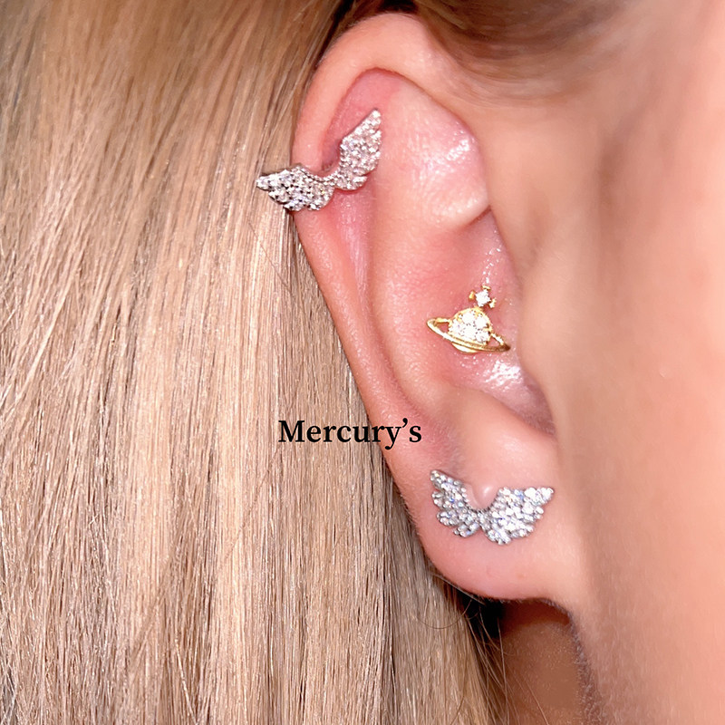 Mercurys 亮闪闪的翅膀耳骨钉 满钻纯银拧螺丝耳钉耳窝钉洗澡免摘