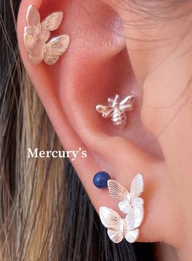 Mercurys好运蝶叠~s999纯银拧螺丝耳钉福蝶耳骨钉hin嫩的蝴蝶耳饰