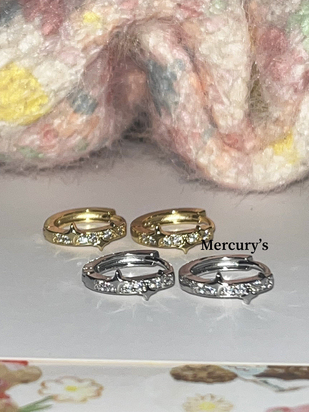 Mercurys闪烁四芒星纯银耳扣学生日常百搭款洗澡睡觉免摘简约耳圈