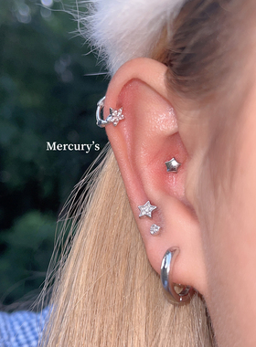 Mercurys光芒星途~镶钻星星耳骨钉满钻耳扣925银耳钉睡觉洗澡免摘