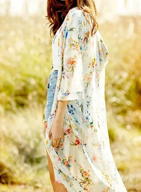 long printed chiffon shirt sun protection长款雪纺开衫防晒衣