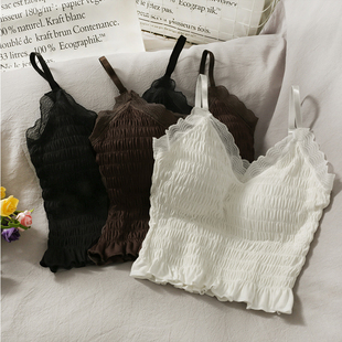 crinkled camisole with chest pad女生蕾丝边带胸垫褶皱吊带背心