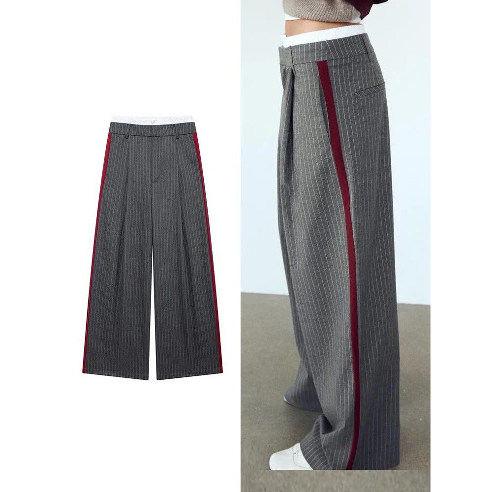 拼色细条纹直筒休闲裤