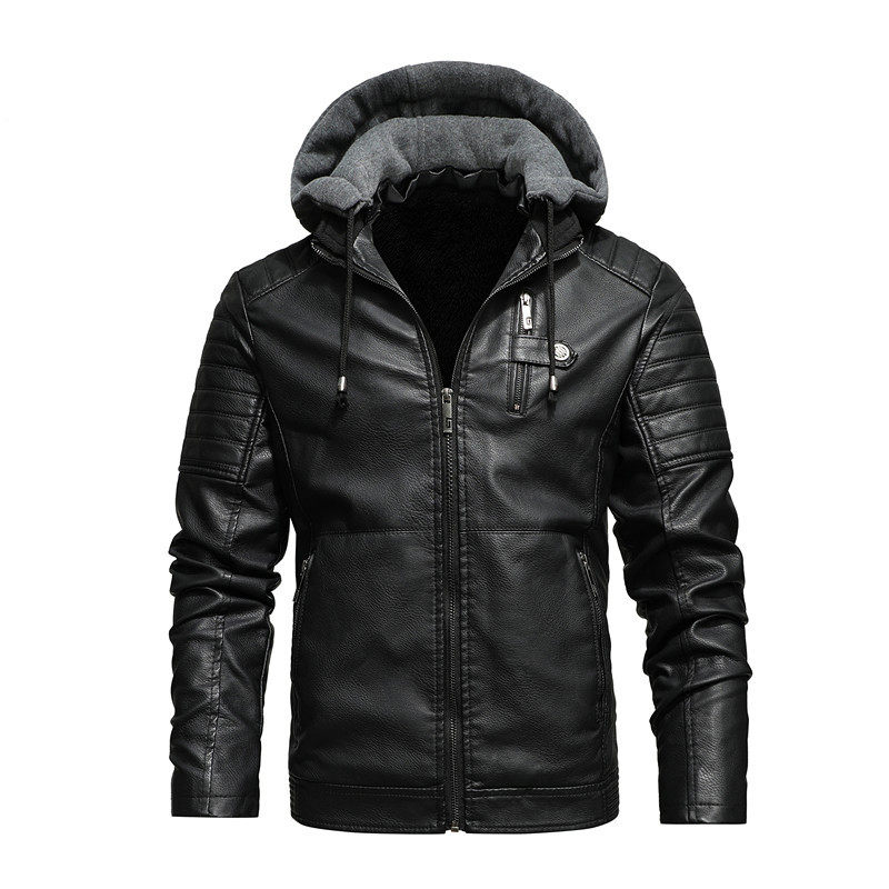 Men's PU leather collar hooded jacket 男士PU皮 立领连帽外套