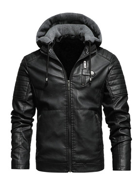 Men's PU leather collar hooded jacket 男士PU皮 立领连帽外套