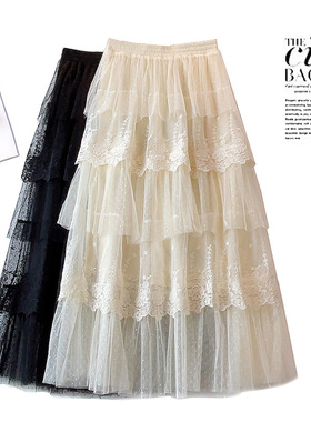 法式白色蕾丝拼接半身裙 女A French white lace patchwork skirt
