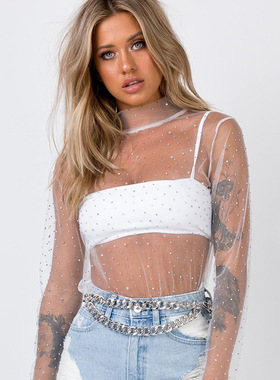 Lace blouse with mesh and sequins 透视网纱亮片装饰女士蕾丝衫