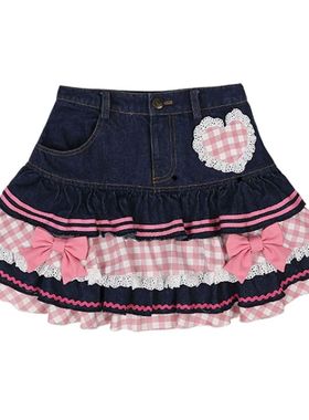 Pink plaid patchwork bow denim skirt粉色格子蝴蝶结牛仔半身裙