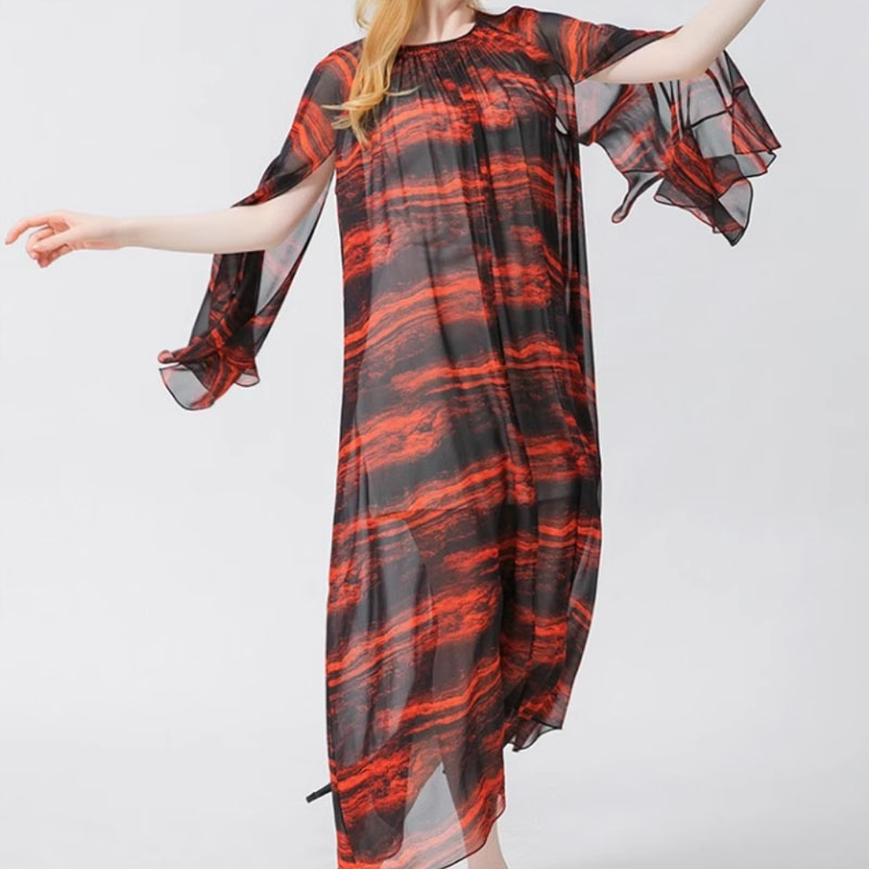 乔其乔红色印花荷叶袖微透外套