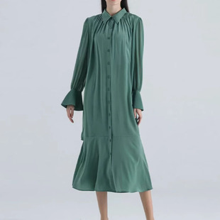 桑蚕丝双绉春绿色POLO领拼接乔其丝绸长袖真丝鱼尾衬衫连衣裙