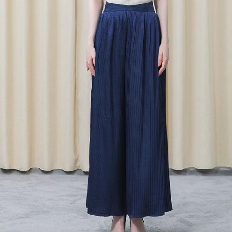 真丝缎面蓝色微弹风琴褶木耳边插袋垂顺挺括休闲桑蚕丝阔腿裤