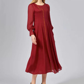 桑蚕丝提花拼接双层乔其纱圆领灯笼长袖 拼接宽松腰真丝连衣裙