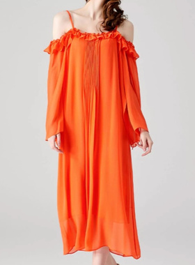 桑蚕丝乔其纱柚橙色吊带露肩长袖宽松腰木耳装饰真丝连衣裙