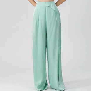 艾绿色40姆米双面缎重磅桑蚕丝自然腰侧口袋靓丽真丝阔腿长裤