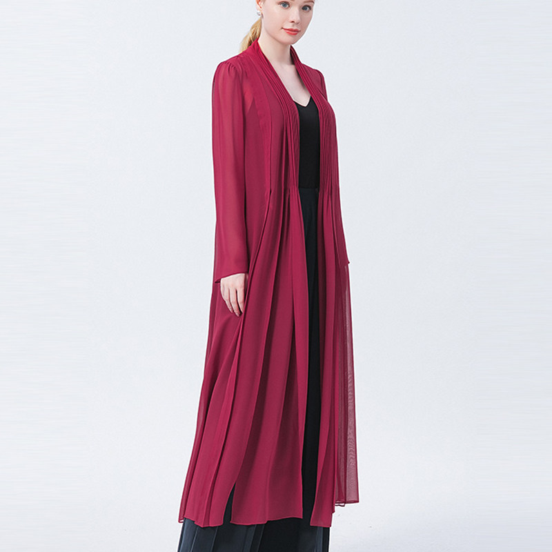纯真丝乔其酒红色围巾领飘带绑带长袖褶皱长款桑蚕丝大摆外套