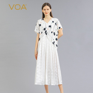 VOA真丝30姆米印花重绉黑白彩点中长款 减龄桑蚕丝连衣裙 蝙蝠袖