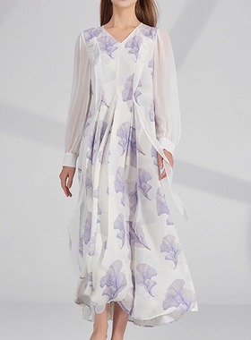 真丝30姆米重绉紫色花漾轻舞V领长袖印花桑蚕丝大摆气质连衣裙