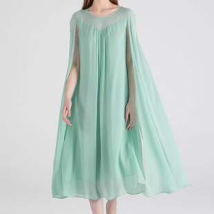 翠绿双层乔其桑蚕丝圆领飘袖超大版型原创国风真丝连衣裙