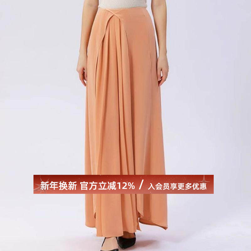 真丝30姆米重磅粉色自然腰撞料拼接褶皱大摆长款桑蚕丝半身裙