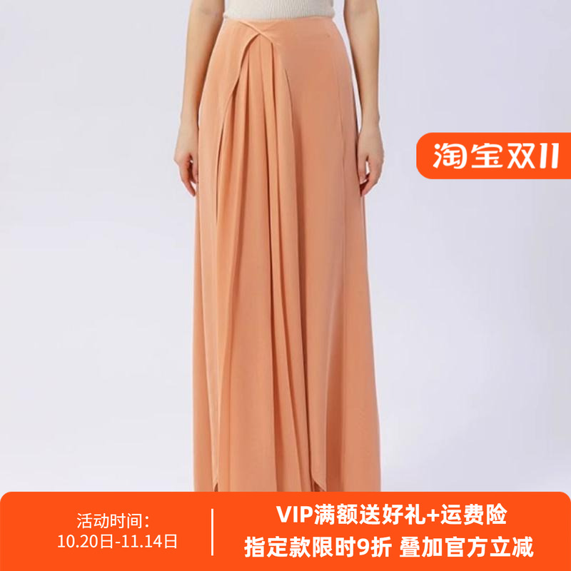 真丝30姆米重磅粉色自然腰撞料拼接褶皱大摆长款桑蚕丝半身裙