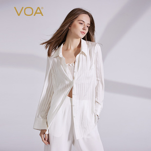 VOA桑蚕丝雪纹雅缎镂空双面缎单排扣衬衫长袖POLO领宽松休闲衬衫