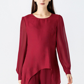 桑蚕丝暗纹提花酒红色圆领衬衫 拼接乔其不对称设计真丝T恤女 袖