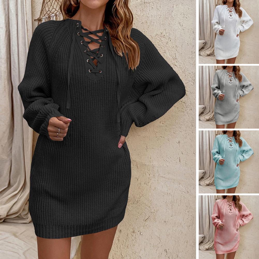 Stylish solid color lace-up pullover sweater纯色绑带套头毛衣