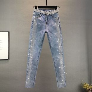 Denim slimming hot drill pencil pants 女款牛仔修身烫钻铅笔裤