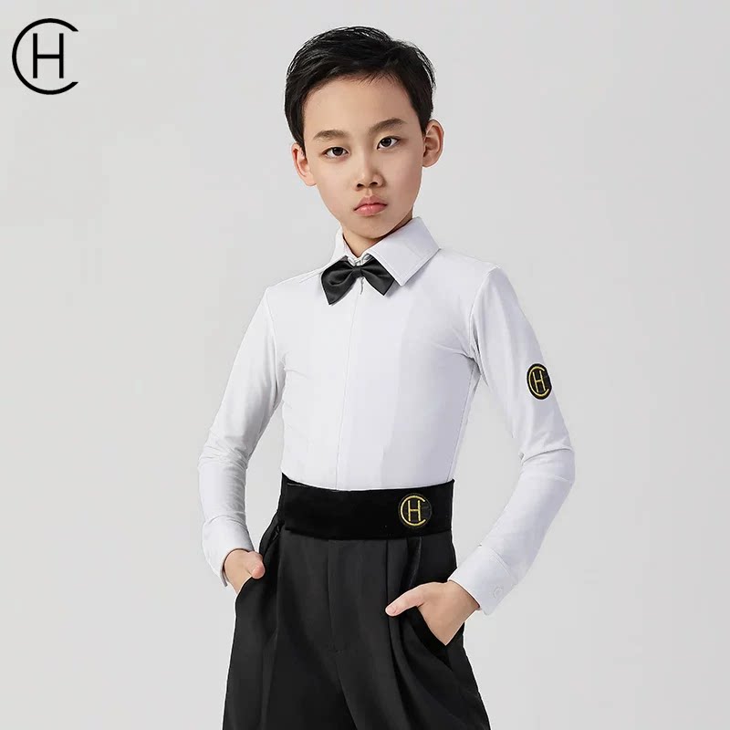 皇朝拉丁舞服男童白色长袖衬衫式上装比赛表演规定服HCN5111