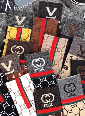 2025秋冬新款时尚双CC袜子女欧美潮牌红绿竖条长筒字母运动棉袜子