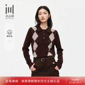 水云间女装 新款 POLO领休闲格子100%羊毛针织衫 上衣26春季