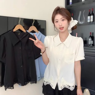 2025夏季 大码 衬衫 女装 胖mm气质百搭显瘦衬衣上衣 甜美蕾丝拼接短袖