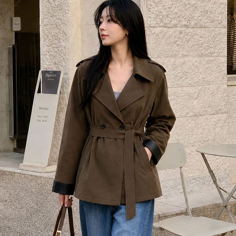 洋气拼皮撞色时髦风衣外套女2026春季新款韩系宽松休闲减龄大衣女