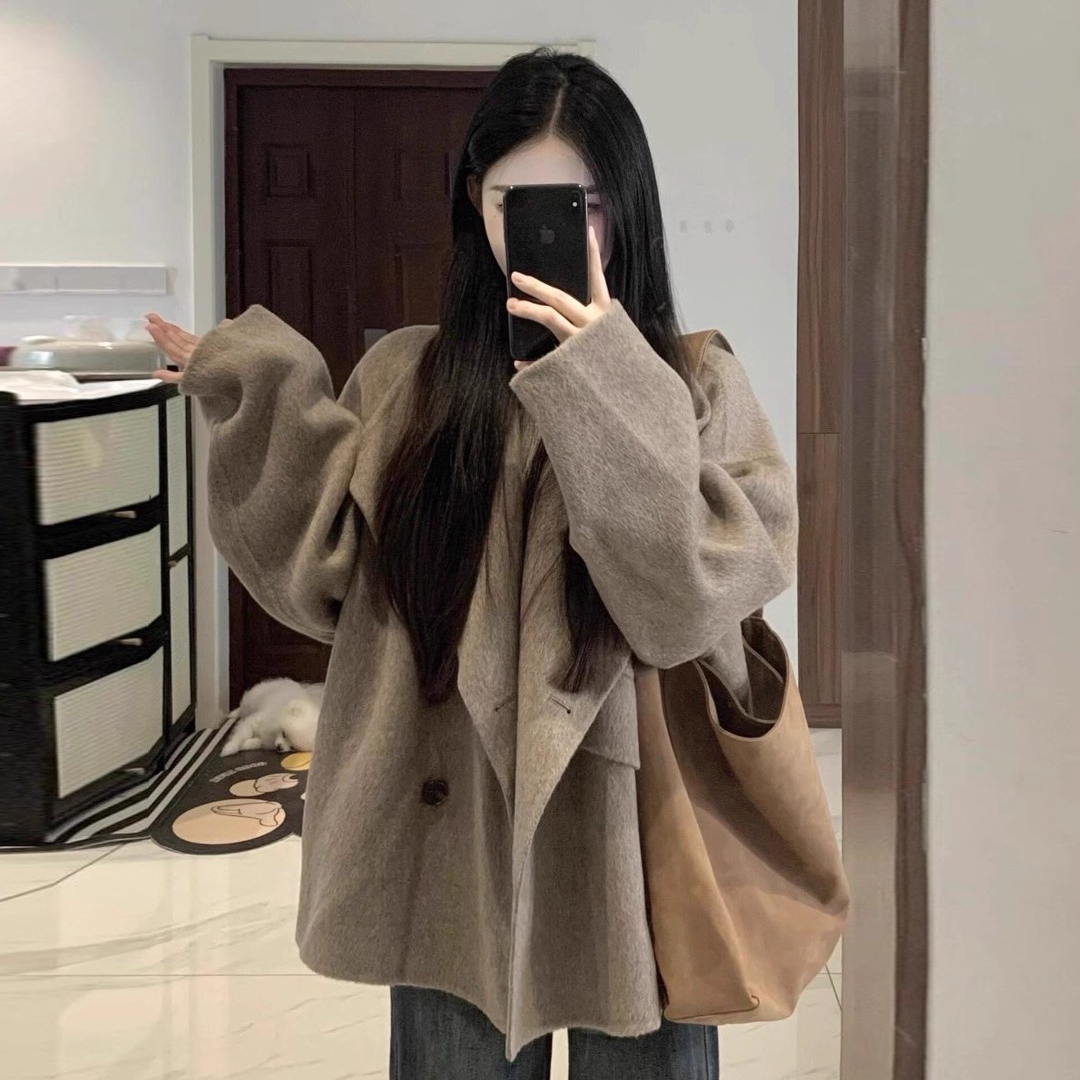 新款韩版Chic秋冬赫本风大衣女呢子西装领中长款小个子毛呢外套女