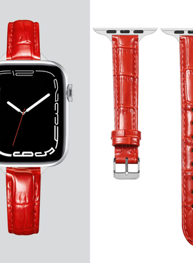 中国红新年红色细款真皮表带适用于applewatch10表带s9苹果手表iwatch8/7/6/5/SE鳄纹软皮表链42/41mm高级女