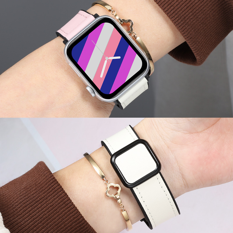 全新撞色适用于apple watch10表带苹果手表女士se/9/8/ultra代iwatch7/10磁吸表带真皮白色创意42/41/45/49mm